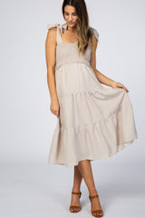 Beige Bow Strap Tiered Maternity Midi Dress