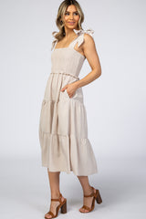 Beige Bow Strap Tiered Midi Dress