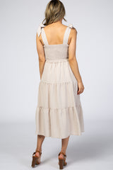 Beige Bow Strap Tiered Midi Dress