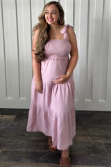 Mauve Bow Strap Tiered Maternity Midi Dress