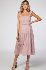 Mauve Bow Strap Tiered Maternity Midi Dress