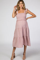 Mauve Bow Strap Tiered Maternity Midi Dress