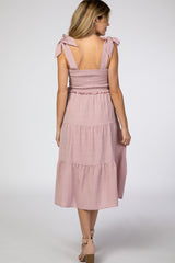 Mauve Bow Strap Tiered Maternity Midi Dress