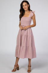 Mauve Bow Strap Tiered Maternity Midi Dress