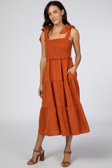 Rust Bow Strap Tiered Maternity Midi Dress