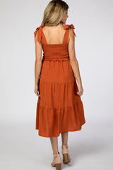 Rust Bow Strap Tiered Maternity Midi Dress