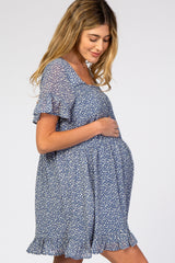 Blue Printed Chiffon Square Neck Ruffle Trim Maternity Dress