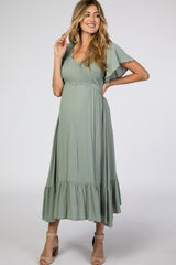 Light Olive Smocked V-Neck Maternity Midi Dress