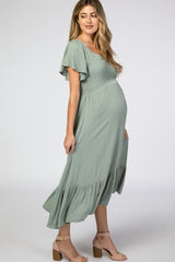 Light Olive Smocked V-Neck Maternity Midi Dress