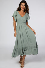 Light Olive Smocked V-Neck Maternity Midi Dress