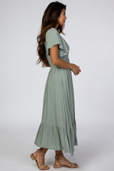 Light Olive Smocked V-Neck Midi Dress