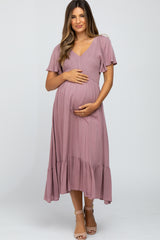 Mauve Smocked V-Neck Maternity Midi Dress