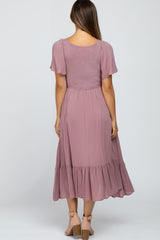 Mauve Smocked V-Neck Maternity Midi Dress