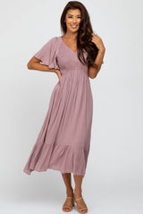 Mauve Smocked V-Neck Maternity Midi Dress