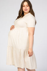 Beige Ribbed Tiered Maternity Plus Dress