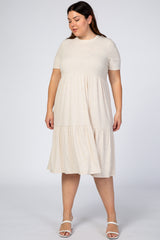 Beige Ribbed Tiered Maternity Plus Dress