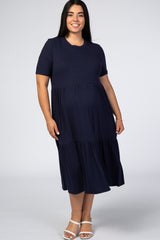 Navy Blue Ribbed Tiered Maternity Plus Dress