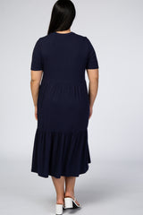 Navy Blue Ribbed Tiered Maternity Plus Dress