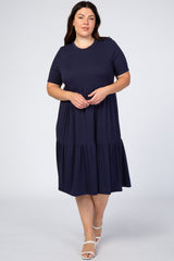 Navy Blue Ribbed Tiered Maternity Plus Dress