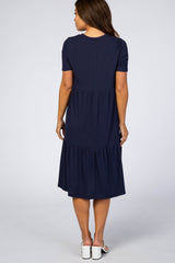 Navy Blue Ribbed Tiered Maternity Dress