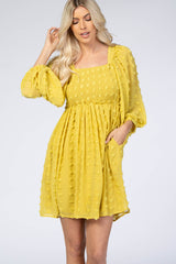 Yellow Textured Dot Smocked Square Neck Chiffon Dress