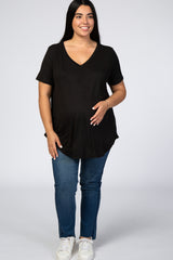 Black V-Neck Short Sleeve Maternity Plus Top