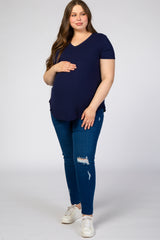 Navy Blue V-Neck Short Sleeve Maternity Plus Top