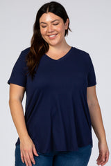 Navy Blue V-Neck Short Sleeve Maternity Plus Top