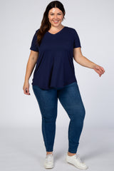 Navy Blue V-Neck Short Sleeve Plus Top