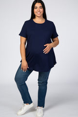 Navy Blue Round Hem Short Sleeve Maternity Plus Top