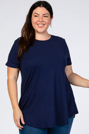 Navy Blue Round Hem Short Sleeve Plus Top