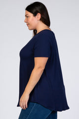 Navy Blue Round Hem Short Sleeve Plus Top