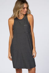 Black Striped Pocket Front Swing Dress