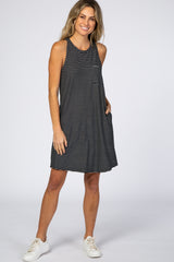 Black Striped Pocket Front Swing Dress