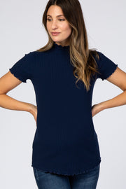 Navy Blue Ribbed Ruffle Trim Maternity Top