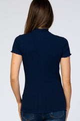 Navy Blue Ribbed Ruffle Trim Maternity Top