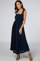 Navy Blue Smocked Tie Strap Maternity Midi Dress