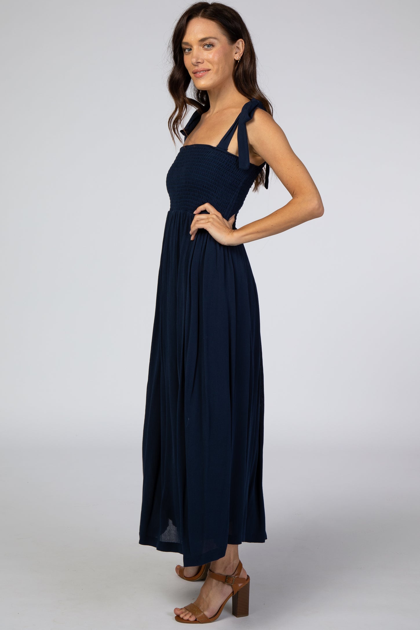 Navy Blue Smocked Tie Strap Midi Dress – PinkBlush