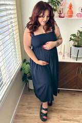 Navy Blue Smocked Tie Strap Maternity Midi Dress