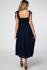 Navy Blue Smocked Tie Strap Maternity Midi Dress