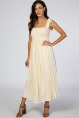 Beige Smocked Tie Strap Maternity Midi Dress