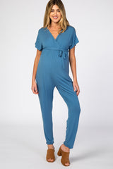 Blue Wrap Tie Maternity Jumpsuit