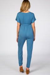 Blue Wrap Tie Maternity Jumpsuit