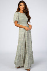 Light Olive Floral Smocked Front Pleated Hem Maternity Maxi Dress