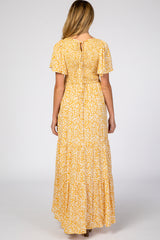 Yellow Floral Smocked Front Pleated Hem Maternity Maxi Dress