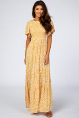 Yellow Floral Smocked Front Pleated Hem Maternity Maxi Dress