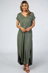 Olive Side Slit Maternity Maxi Dress