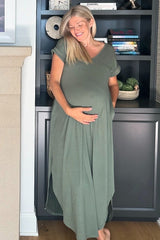 Olive Side Slit Maternity Maxi Dress