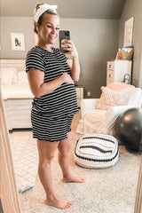 Black Striped Ruffle Trim Maternity Pajama Set