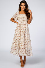 Ivory Floral Chiffon Smocked Front Lace Trim Maternity Midi Dress